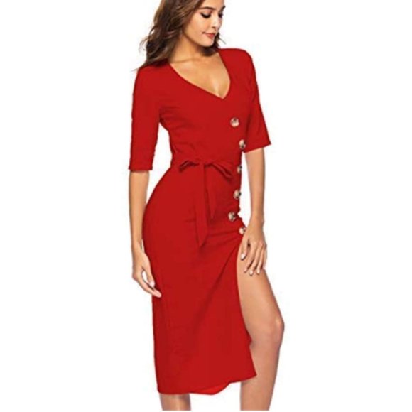 Dresses & Skirts - NWT Button Down Bow Waist High Slit Midi Dress